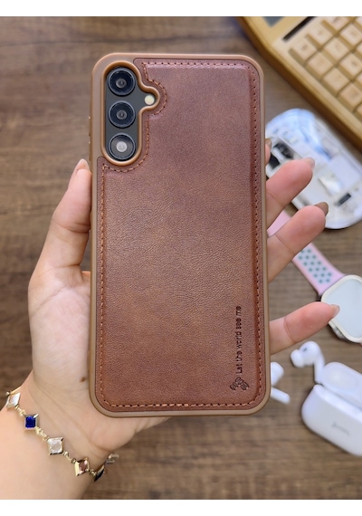 Samsung Galaxy A25 Uyumlu Premium Deri Dokulu Darbelere Karşı Dayanıklı Nazal Silikon Kılıf Kahverengi