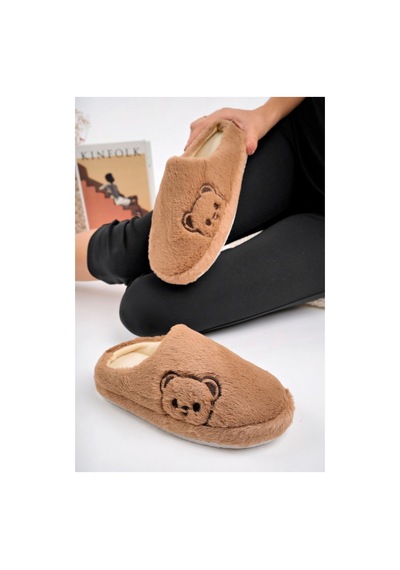 Modafocus Tatlı Ayıcık Peluş Kadın Ev Terliği - Kahve Kahve