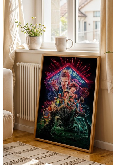 Stranger Things Premium Tasarım Çerçeveli Tablo - Eleven Ve Arkadaşları Sanatsal Duvar Dekoru Kayın