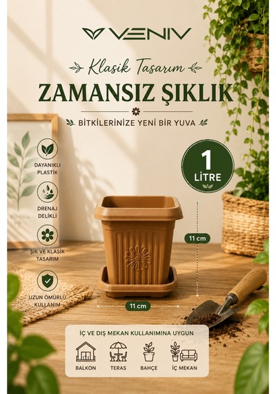 Dekoratif Antik Kare Alt Tabaklı Saksı 1 Litre 1 Adet