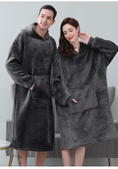 Wellsoft Kapşonlu Giyilebilir Tv Battaniyesi Unisex Over Size - Antrasit Beyaz