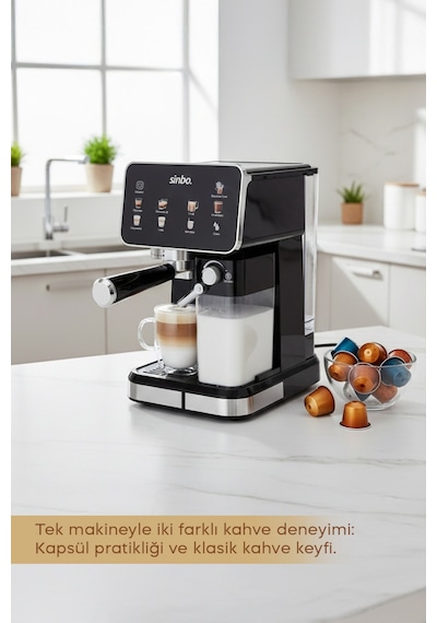 Sinbo SCM 2995 Pro 20 Bar Basınç Süt Haznesi Dokunmatik Kapsüllü & Toz Kahve Espresso Makinesi