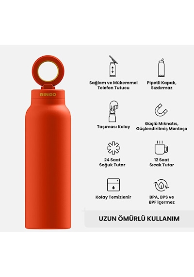 Ringo Pro Manyetik Telefon Tutuculu Termal Paslanmaz Çelik Su Şişesi Pipetli Kapak 24 Oz / 710 Ml Turuncu