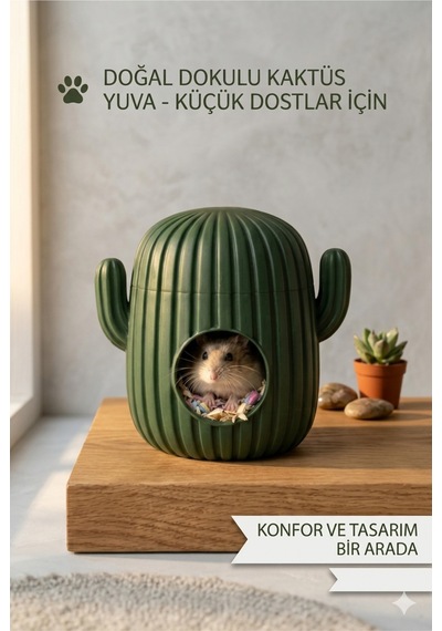 Hamster Evi - Kaktüs Tasarımlı Konforlu Kemirgen Yuvası Dekoratif Kafes İçi Küçük Hayvan Evi