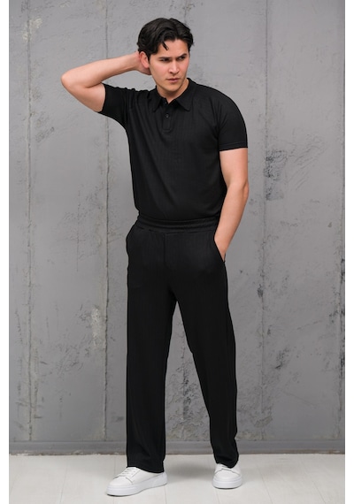 Mass Plus Regular Fit Likralı Kendinden Çizgili Yarım Baggy Pantolonlu T-shirt Takım Siyah Mass Plus Regular Fit Likralı Kendinden Çizgili Yarım Baggy Pantolonlu T-shirt Takım Siyah