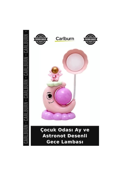 Özel Üretim Dekoratif Pembe Şirin Yıldızlı Hediye Çocuk Odası Ay Ve Astronot Desenli Gece Lambası