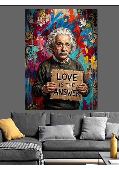 Einstein Aşk Cevaptır Yazılı Tablo Dekoratif Kanvas - Mdf Ahşap Tablo