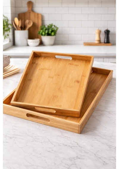 Makri Home %100 Bambu 2 Li Tepsi Seti, Büyük Tepsi: 38 X 27 X 3 Cm, Küçük Tepsi: 35 X 23 X 3 Cm Sarı