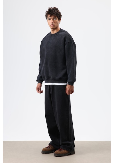 Vamos Basic Oversize Yıkamalı Sweatshirt Siyah