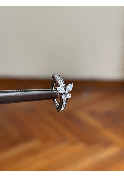 Zirkon Taş Kelebek Titanyum Göbek Piercingi Ultraliğht 10 Mm Titanyum Göbek Piercingi Siyah - Gümüş
