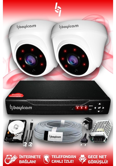 Bayicam 2 Kameralı Dome 2 İç Kamera Set 250 GB HDD Full HD Gece Görüşlü Güvenlik Kamerası Sistemi