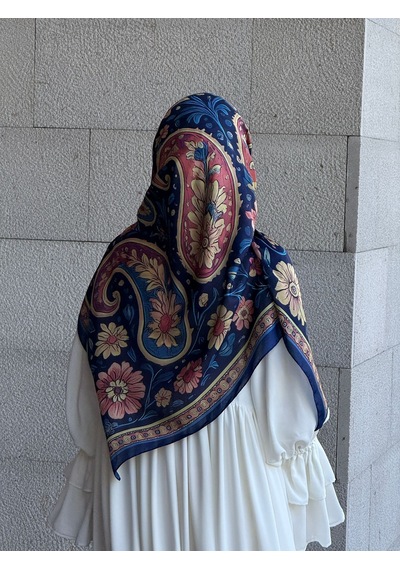Qalortex Scarf Pamuklu Vintage Desen Eşarp-lacivert