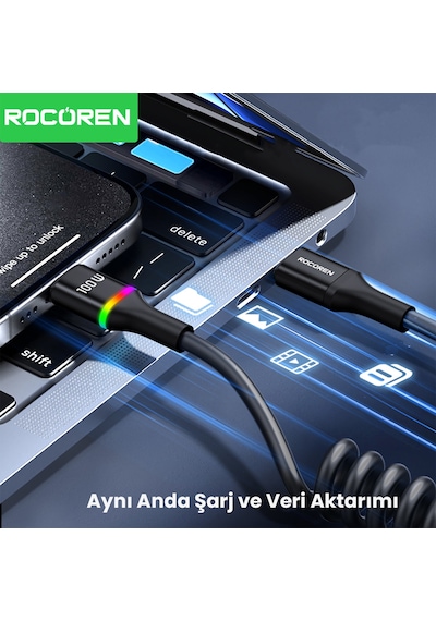 Rocoren 100w 5a E-marker Çipli Spiral Type-c To Type-c Hızlı Şarj Ve Data Kablosu 1.6 Metre