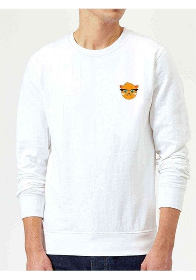 Cat Face Cartoon Baskılı Beyaz Erkek Örme Sweatshirt