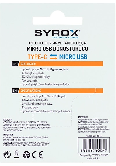 Syrox DT14 Micro USB to Type-C Dönüştürücü