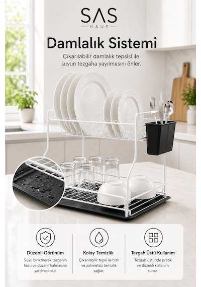 Sas Haus   2 Katlı Metal Bulaşıklık Kaşıklıklı Ve Damlalıklı Tezgâh Üstü Bulaşık Kurutmalık Dtb-02 Beyaz