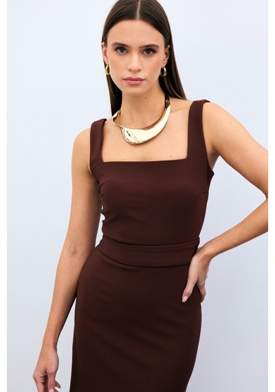 Sateen Kare Yaka Crop Bluz - Kahve