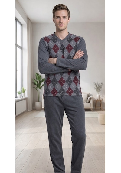 Dowry Erkek Uzun Kollu Pijama Takımı Ekose Desenli Rahat Şık Ev Giyim Konfor 18-90 Gri