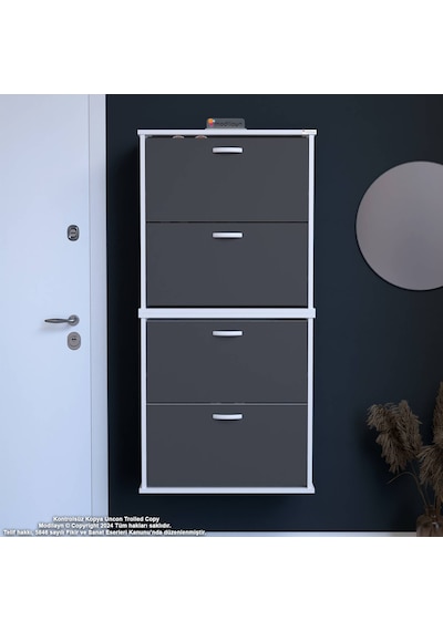 Modilayn Umay Asma Antre Hol 72x156x25, 5 Cm Lik 4 Düşer Kapak 8 Göz Bölmeli Ayakkabılık Antrasit - Beyaz