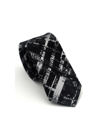 Gaffy Beyaz Desenli Siyah Dokuma Kumaş Mendilli Slim Fit Kravat // Sdk-2601-1 Siyah