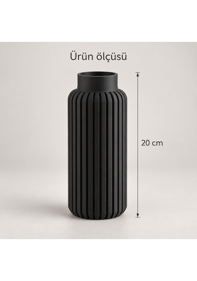 Dikey Çizgili Dekoratif Vazo 20 Cm Modern Silindir Tasarım Siyah