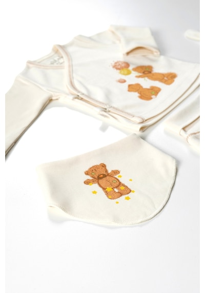 Tinylamb Fluffy Bear 4 Parça Unisex Bebek Uzun Kollu Pamuk Bodysuit Takımı Yenidoğan Ve Çocuk Hediye Seti Bej