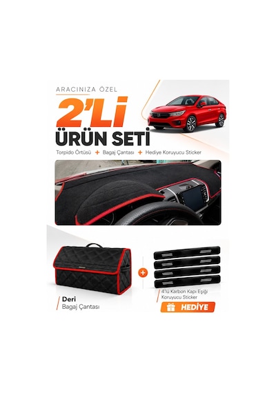E-biz Honda Cıty 2020-2024 Uyumlu Torpido Örtüsü + Deri Bagaj Çantası Seti - Siyah-kırmızı - Ho003