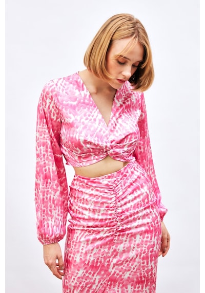 Sateen Düğüm Detaylı Desenli Bluz - Pembe