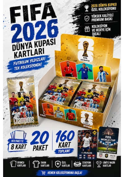 2026 Dünya Kupası Futbolcu Kartları 20 Paket 160 Adet Futbol Kart Oyun Kartları Kutulu 2026 Dünya Kupası Futbolcu Kartları 20 Paket 160 Adet Futbol Kart Oyun Kartları Kutulu