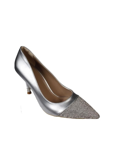 Yazkış Kadın Siyah Gümüş Cilt Önü Ve Topuğu Taşlı 9cm İnce Topuk Stiletto Ayakkabı Gümüş
