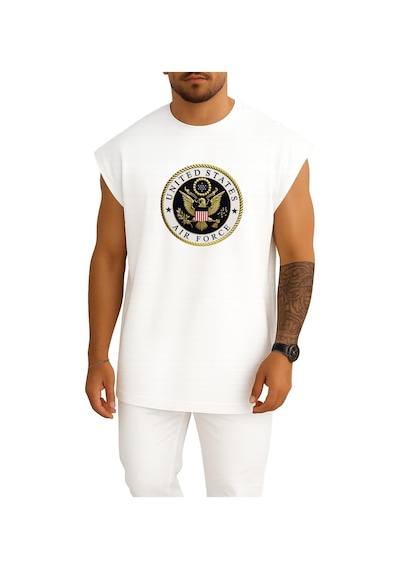 Bahriyeli Collection Oversize Amerika Birleşik Devletleri Hava Kuvvetleri Göğüs Baskılı Atlet Beyaz