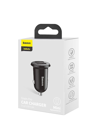Baseus Grain Pro Dual Usb 4.8A Max Çıkışlı Hızlı Araç Şarj Başl Siyah