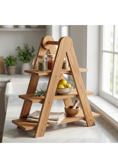 Doğal Akasya Ahşap 3 Katlı Sunum Standı - 37x12.3x37.5 Cm Çok Amaçlı Katlı Servis Tepsisi, Kurabiyelik Ve Peynir Sunumluğu Çok Renkli