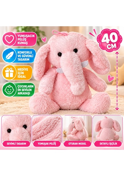 Pl62348 40 Cm Oturan Fil Oyuncak Peluş Pembe