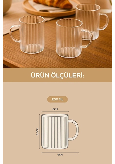 3 Adet Çizgili Kulplu Isıya Dayanıklı Borosilikat Cam Kahve Çay Bardak - 200 Ml Cam Çay Bardağı Şeffaf