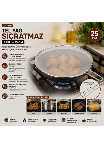 İbico İ22-424 Tel Yağ Sıçratmaz 25cm Sap 17cm Krom Saplı Metal Çerçeve Lux - 12'li Paket Diğer
