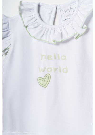 Hafy Baby Hello World Nakışlı, Fırfır Yakalı, Kız Bebek Şortlu Takım Beyaz - Yeşil Hafy Baby Hello World Nakışlı, Fırfır Yakalı, Kız Bebek Şortlu Takım Beyaz - Yeşil