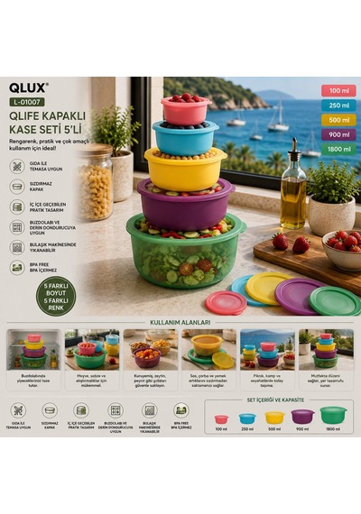 Qlux L-01007 Qlife 5'li Kapaklı Saklama Kabı Ve Kase Seti - Renkli- 12'li Paket Diğer
