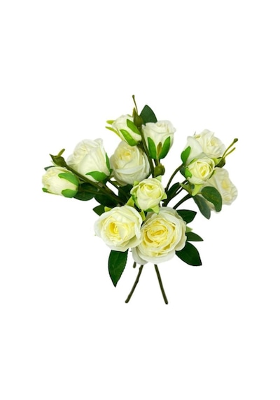 Yapay Çiçek Beyaz Gül 8 Gül 4 Tomurcuklu Lüx Demet Gelin Çiçeği Buketi Masa Üstü Vazo Çiçeği 47cm
