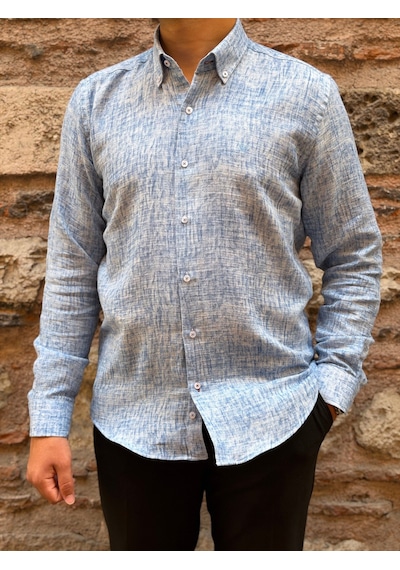 Slim Fit Uzun Kol Müslin Dijital Baskılı Hediye Kutulu Erkek Gömlek Fs-004599 - Mavi-3361 MAVİ