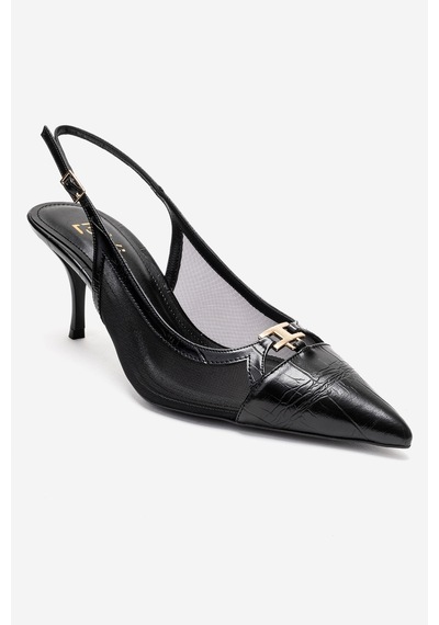 Luvishoes Orella Siyah Baskı Tokalı Fileli Kadın Topuklu Ayakkabı Siyah