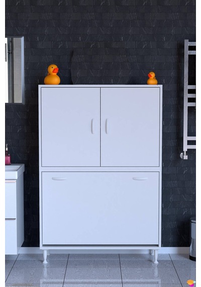 Deniz Kirli Sepetli Ve Kapaklı Raflı, Çok Amaçlı Banyo Dolabı - 90 X 138 X 32,5 Cm 90 Cm