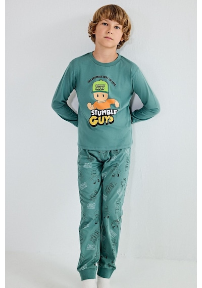 Defacto Stumble Guys Baskılı Bisiklet Yaka Uzun Kollu Üst Elastik Bel Alt 2li Pijama Takımı Erkek Çocuk H6693a826augn757 Yeşil-gn757