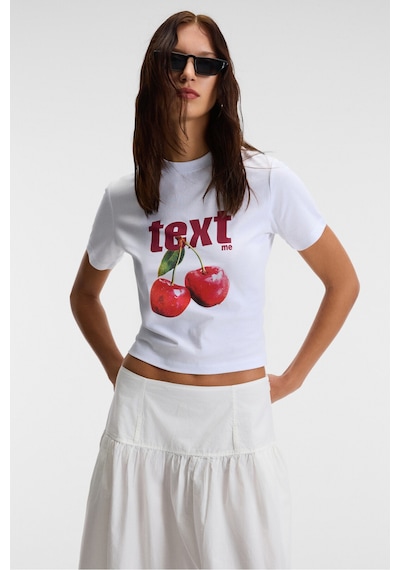 ETHIQUET E VERA Kadın %100 Pamuk Comfort Fit Baskılı Kısa Kollu Yuvarlak Yaka Beyaz / Desenli T-Shirt