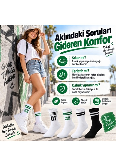 Çorap Giyim Unisex Çorap Çizgili 8'li Set 07 Good Vibes Baskılı Siyah Beyaz Uzun Soket Spor Kolej Stil Çorap Çok Renkli