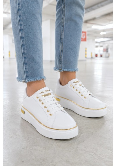 Mevese Elora Bağcıklı Konfor Taban Kadın Sneaker Beyaz/altın