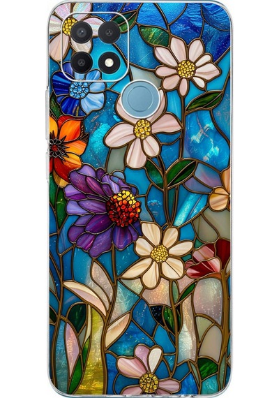 Printify Oppo A15s İle Uyumlu Vitray Mavi Bahar Tasarımlı Şeffaf Silikon Kılıf Şeffaf