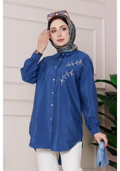 Sevitli Önü İnci Taş İşlemeli Tunik-mavi-4794 Mavi