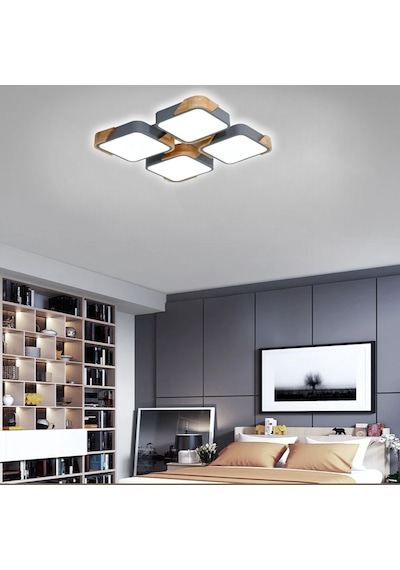 Kare Antrasit Kumandalı Dimli 3 Işık Renkli Ahşaplı 50x50cm Led T Anrasit