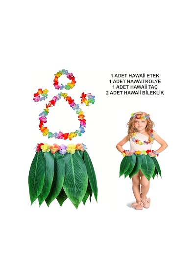 Çocuk - 813 - Hawaii Kostüm Seti - Yaprak Etek &amp Hawaii Set - - Edntrend - 5 Parça